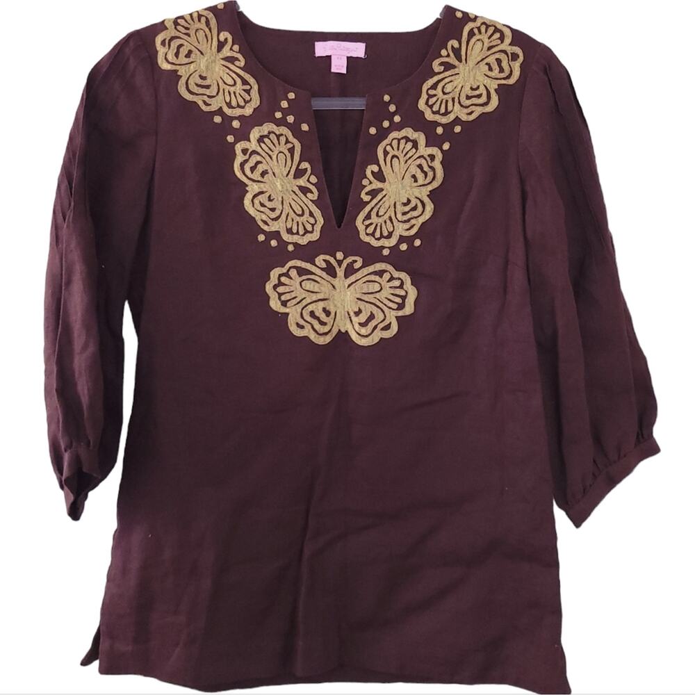 Lily Pulitzer 100% Linen Butterfly Embroidered Top XS Brown Gold, 3/4 Sleeves